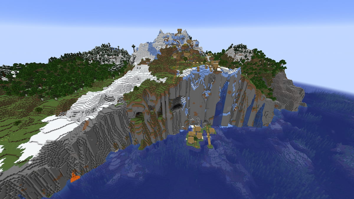 A Plains Village on the edge of a cliff in Minecraft