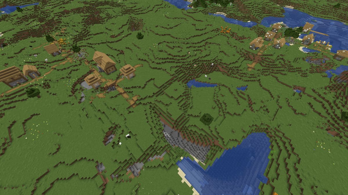 A tiny Minecraft Plains Village next to a Zombie Village