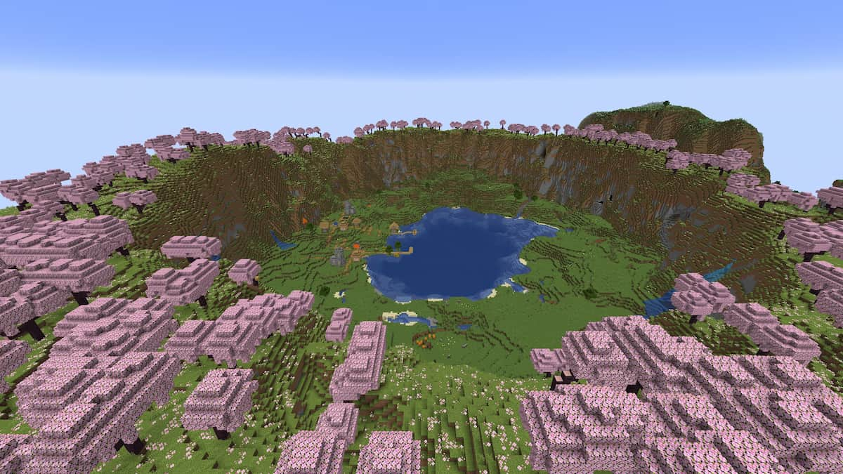 A Plains Village next to a lake in the center of a Cherry Grove valley in Minecraft