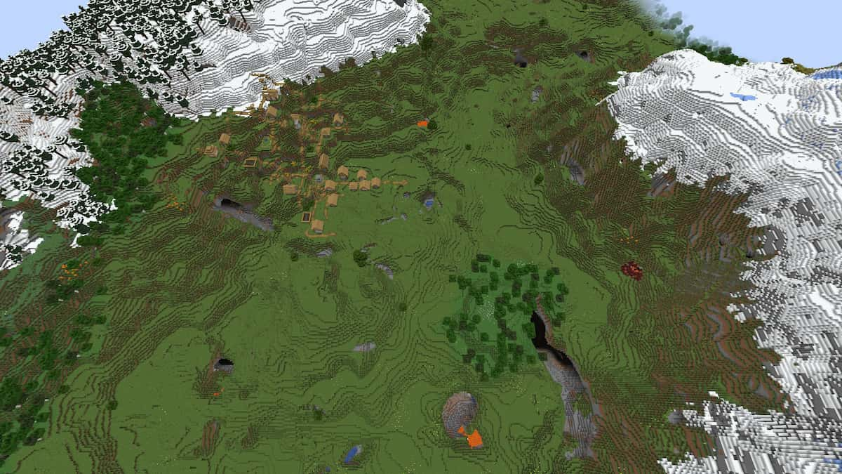 A Plains Village between two snowy mountains in Minecraft