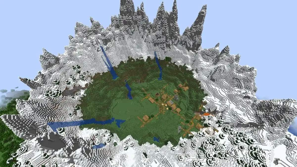 A large Stony Peaks Mountain with a Plains Village in Minecraft