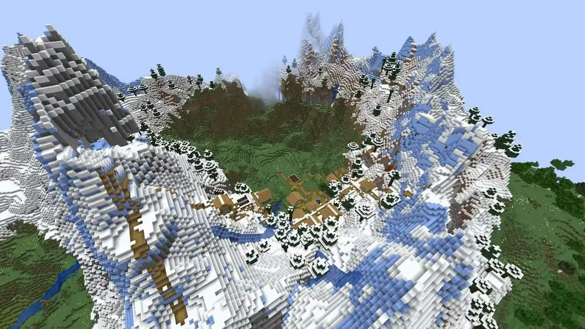 A Minecraft village in a Frozen Peaks mountain crater