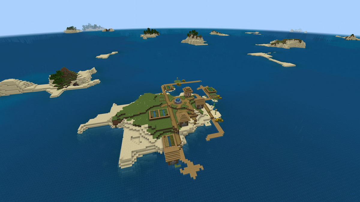 A small Minecraft Plains Village on a Beach and Plains island