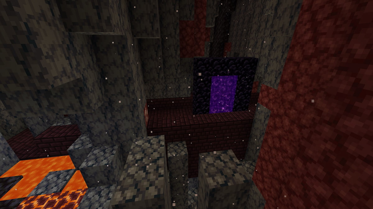 A nether portal generated on a Nether Fortress bridge in Minecraft