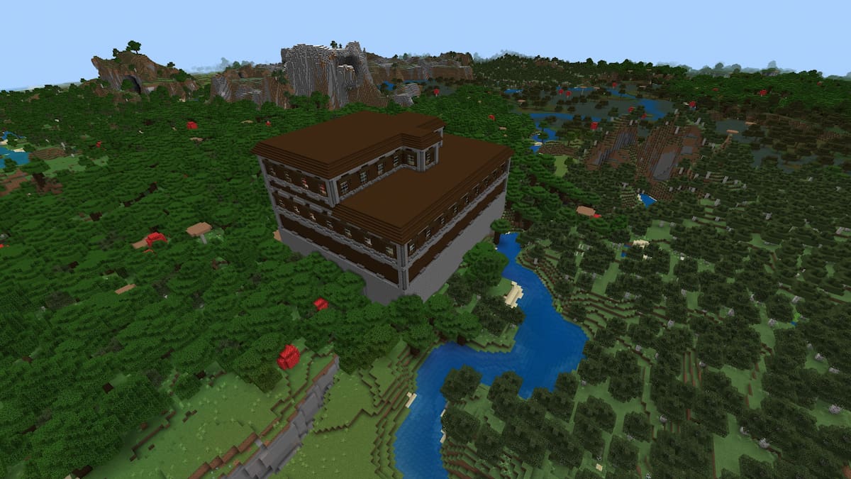 A towering Minecraft Woodland Mansion next to a Birch Forest