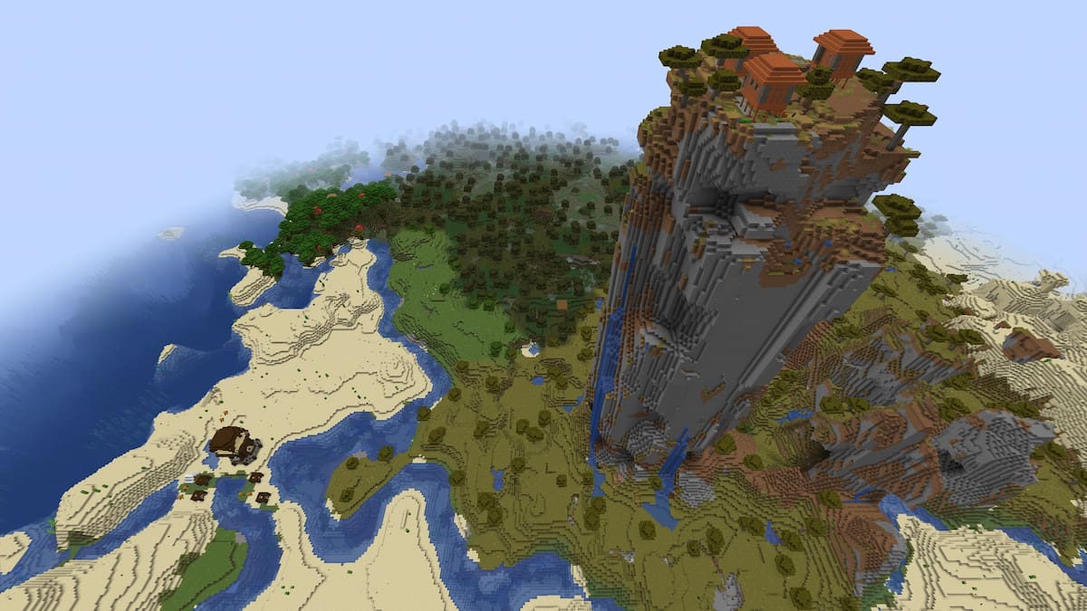 A small Savanna Village on top of a Shattered Savanna biome in Minecraft