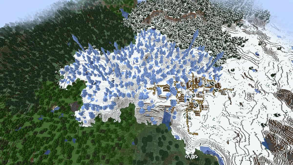 A Minecraft seed with a Snowy Village and a Taiga Village next to an Ice Spikes biome