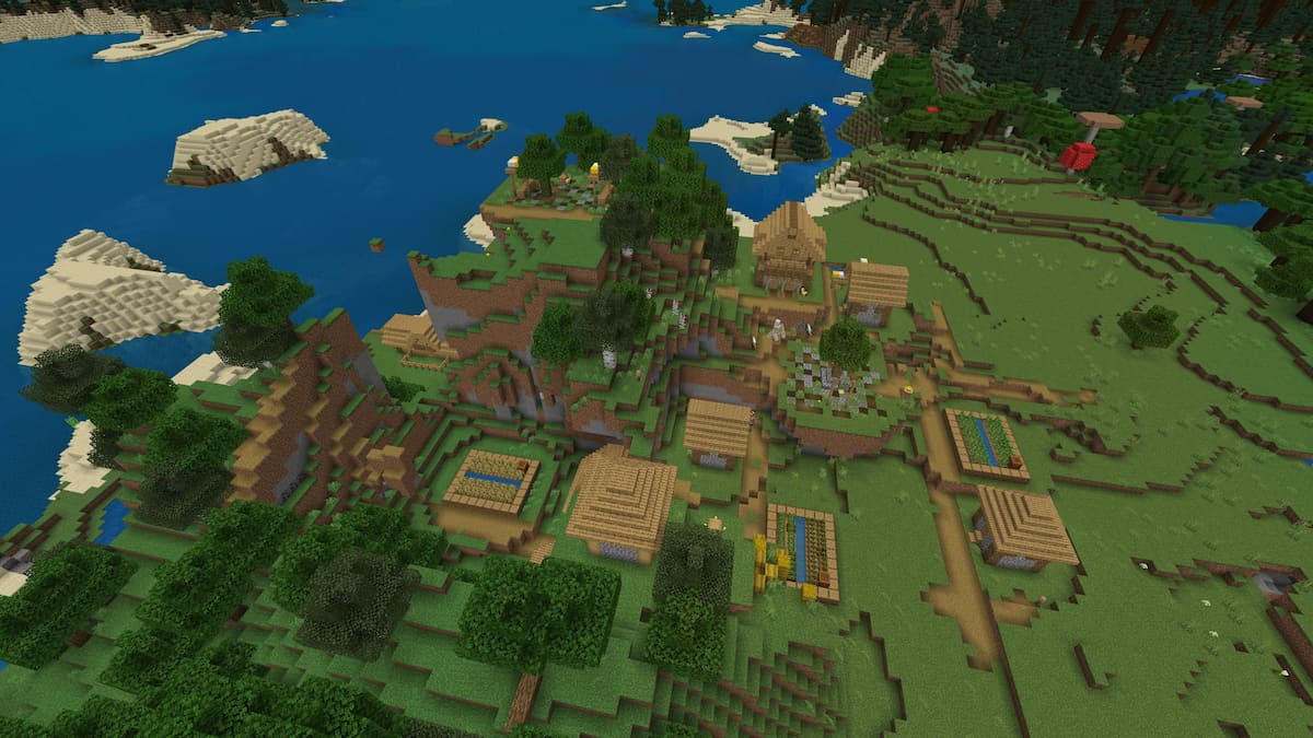 A Minecraft village with buildings on top of and beneath a hill