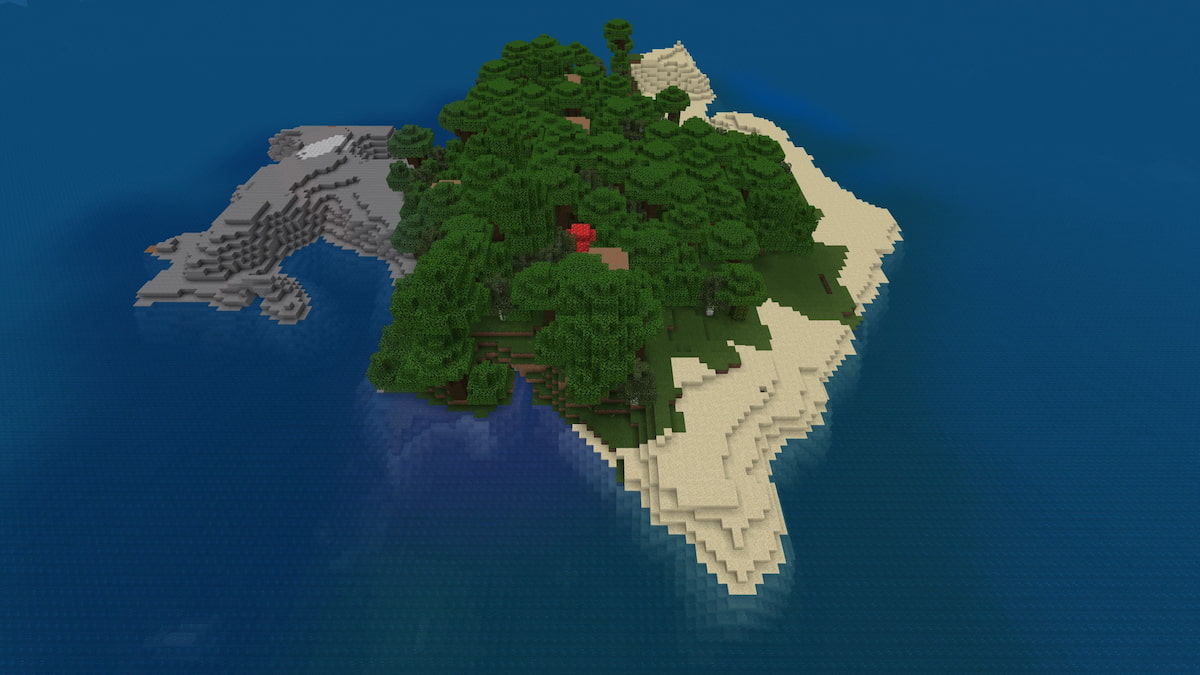 A small Minecraft island with a Roofed Forest and a Stony Shores biome