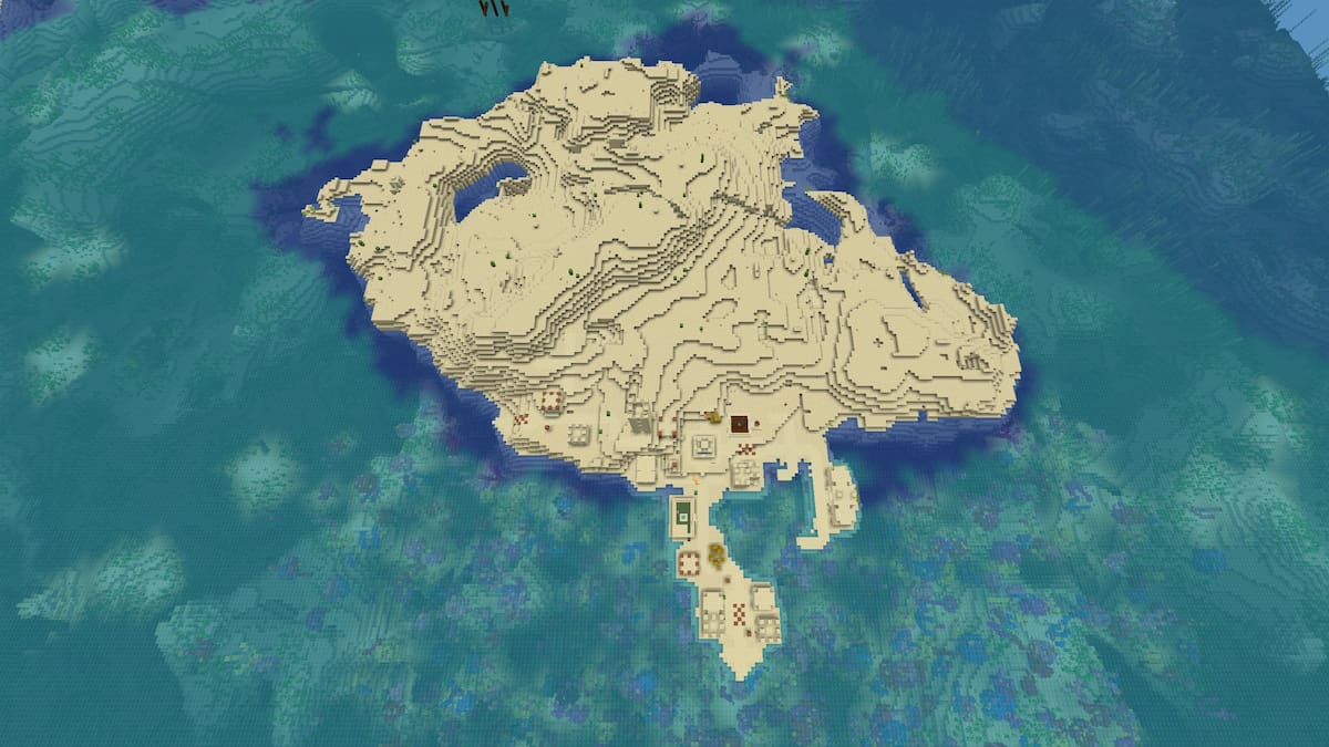 A Desert Minecraft island with a Desert Village and a Coral Reef