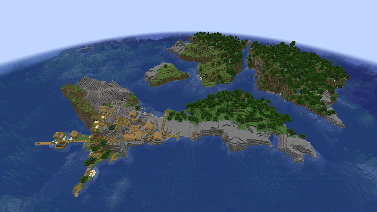 A set of Minecraft islands with Forest and Stony Shores biomes