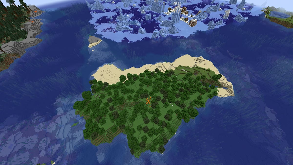 A Forest island in Minecraft next to a Snowy Village on a Frozen Ocean biome