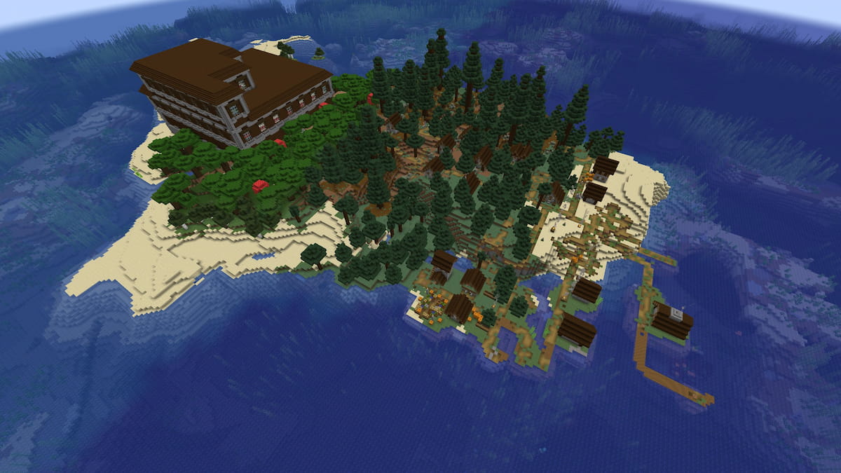 A Minecraft island with a Woodland Mansion and a Taiga Village