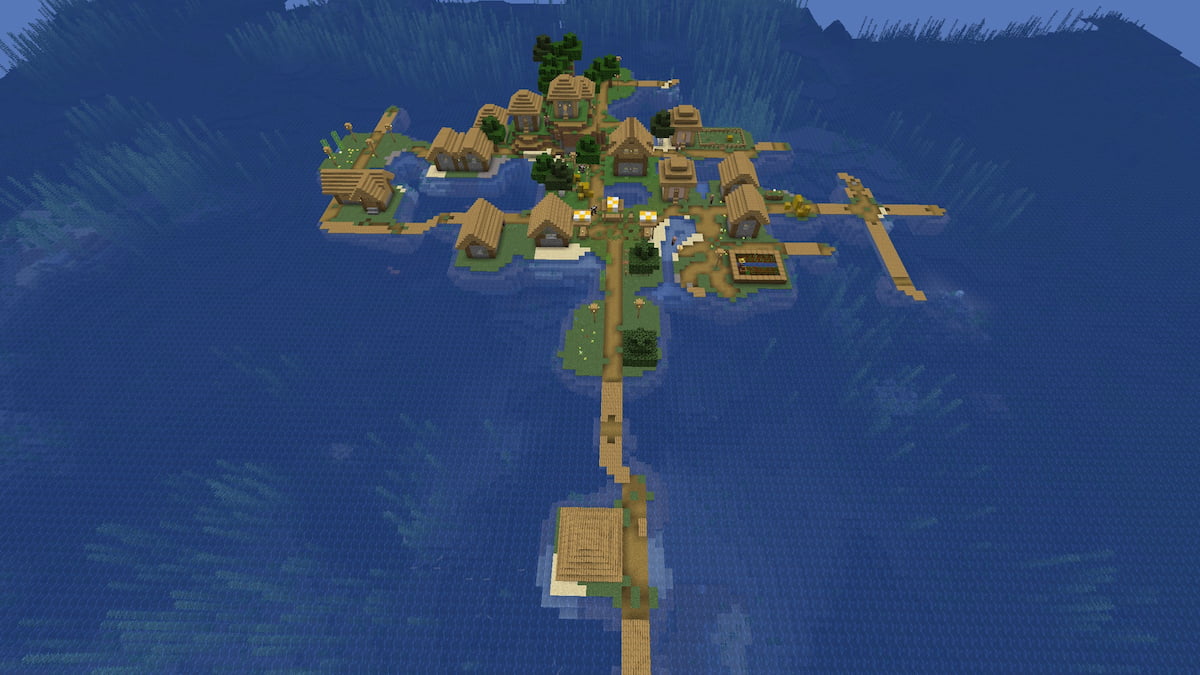 A Minecraft Plains Village in the middle of an ocean