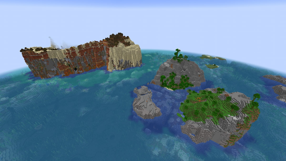 A set of tall Minecraft islands with a Lush Cave