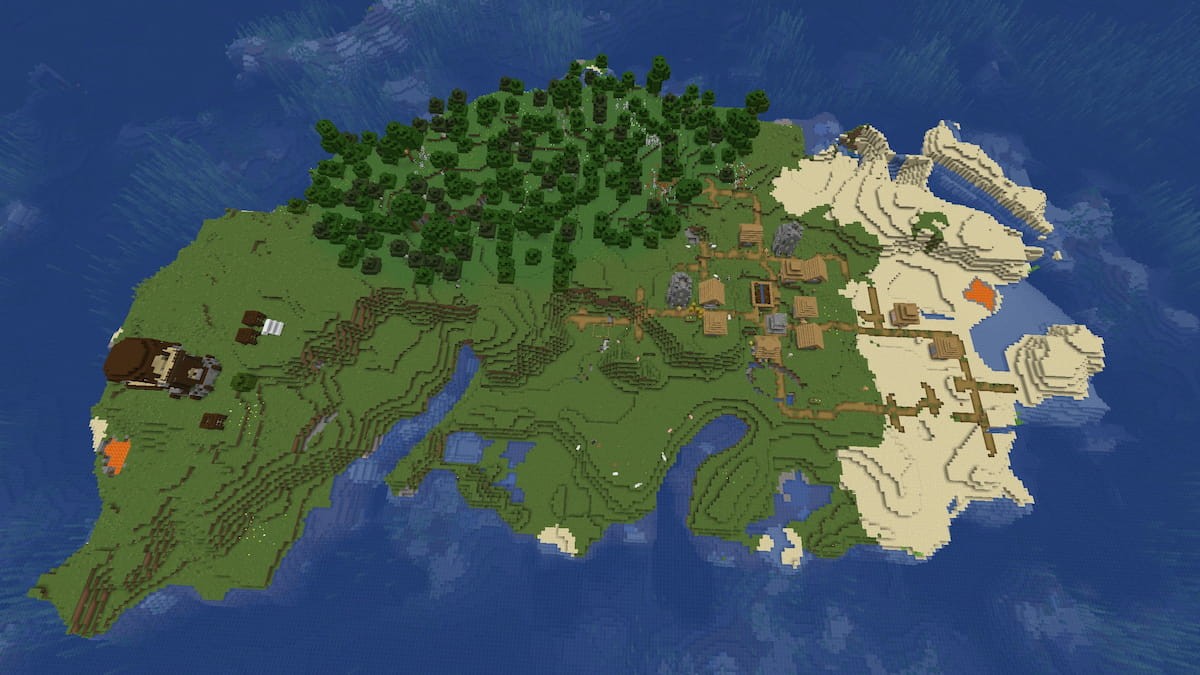 A Minecraft island with a Plains Village and a Pillager Outpost