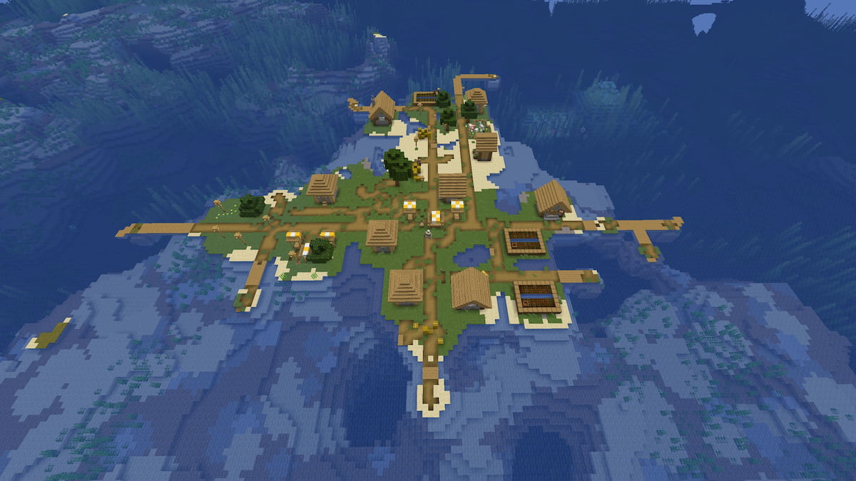 A small Minecraft island made up of a Plains Village