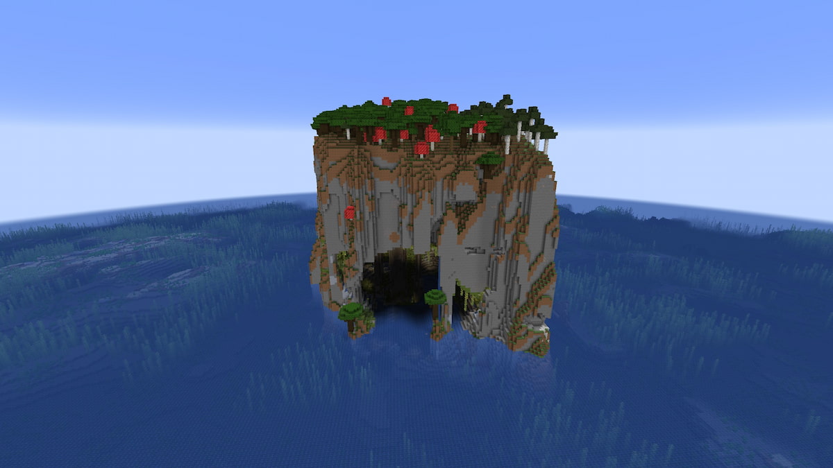 A tall Dark Forest island above a Lush Cave in Minecraft