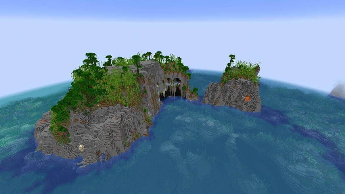 A Stony Shores and Bamboo Jungle island in Minecraft with a Jungle Temple and a Lush Cave