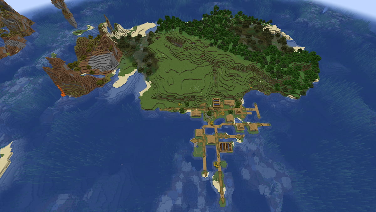 A Minecraft island with Windswept Savanna, Plains, Forest, and Swamp biomes