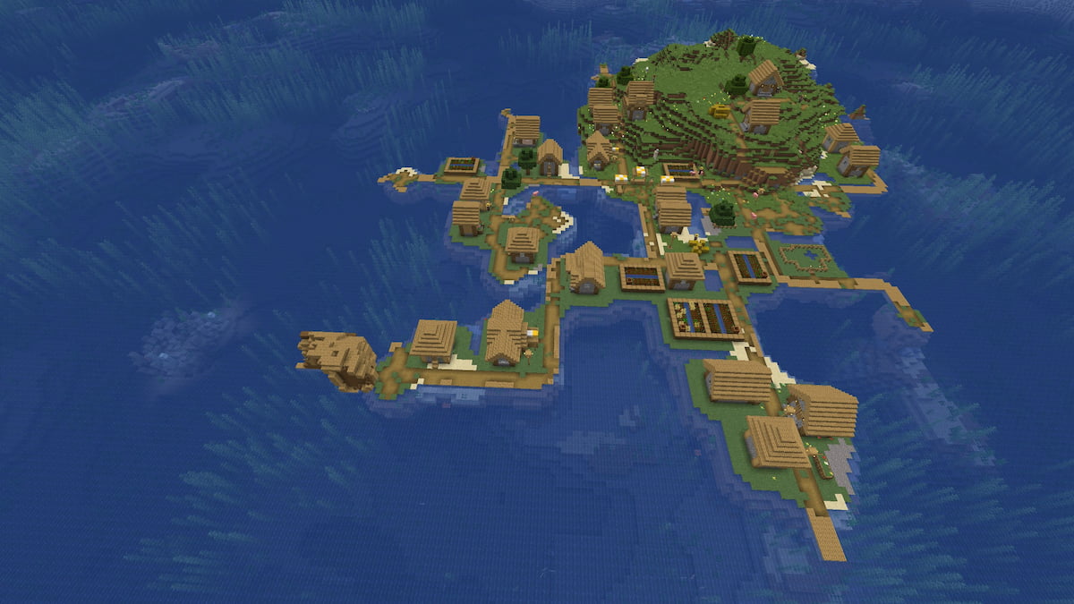 A small Minecraft island with a Plains Village and a shipwreck