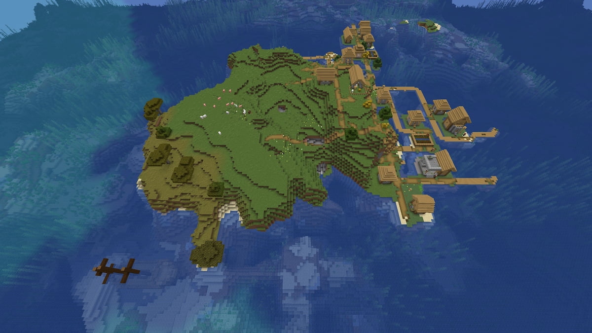 A small Minecraft island with a Blacksmith and a shipwreck