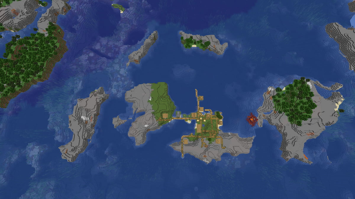 A set of Stony Shores islands with a Plains Village and a ruined Nether portal in Minecraft