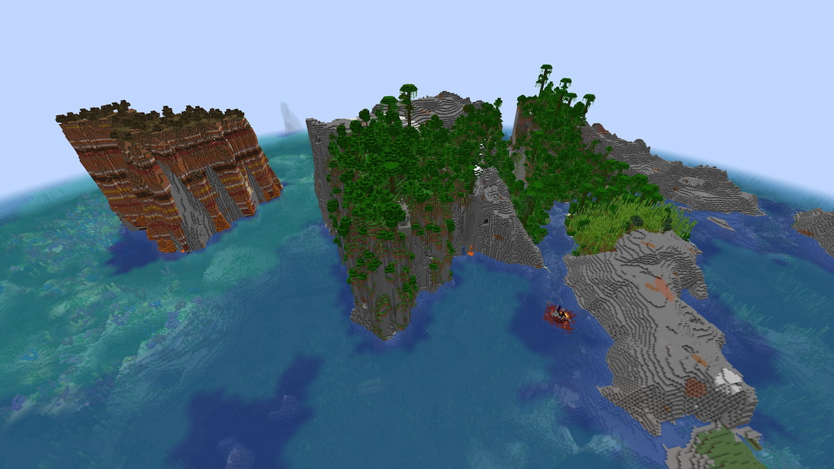 A Minecraft Jungle island atoll with a ruined portal and a Jungle Temple