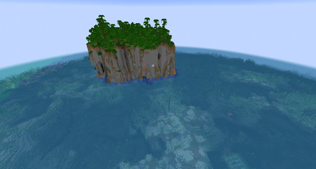 A tall Minecraft island near an Ocean Monument