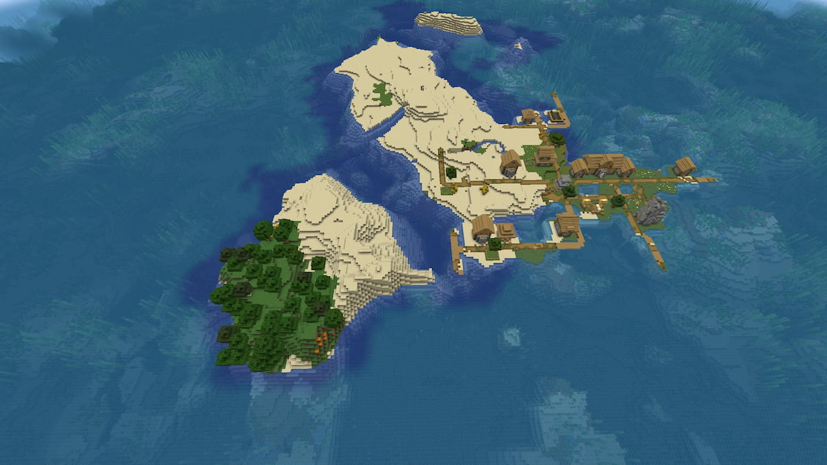 A Minecraft island with a long turtle beach and a Plains Village