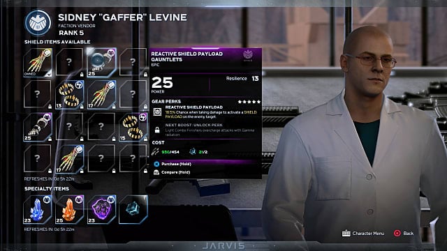 Sideny Levine showing his faction reward items, with some unlocked and other still hidden. 