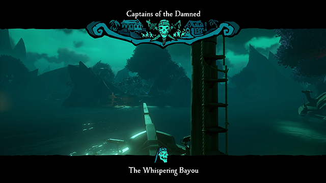 The bow of a pirate ship entering the moonlit Whispering Bayou.