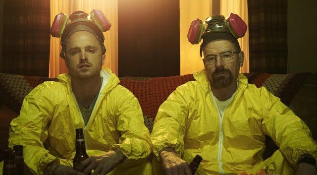 Breaking Bad played on a TCL P-Series shows Walter White and Jesse Pinkman wearing hazmat suits