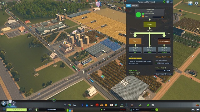 A high-level view of an agricultural zone with a menu showing input and output goods