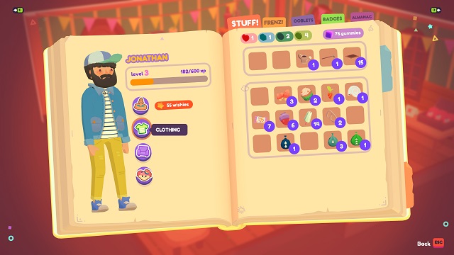 The Ooblet's inventory screen with the round, shirt icon highlighted.