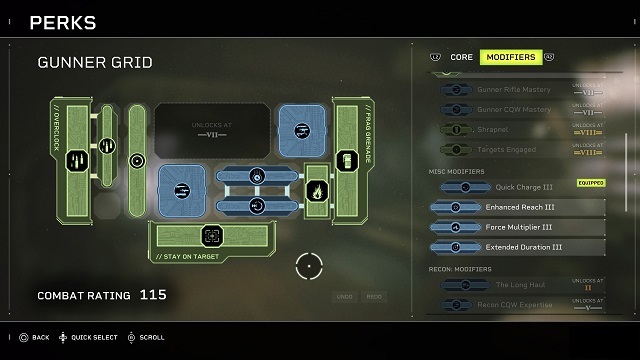 The Gunner class' perks grid.