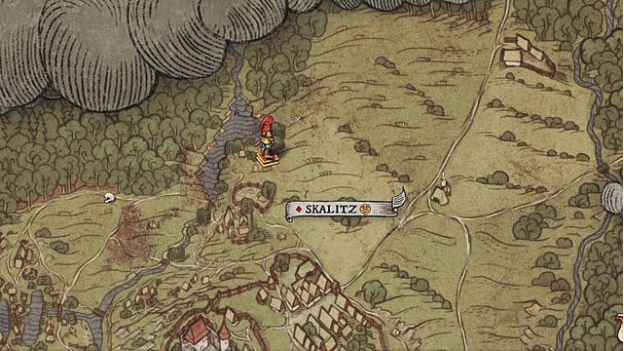 Map XX shows red-hooded player avatar on hand-drawn map northwest of Skalitz