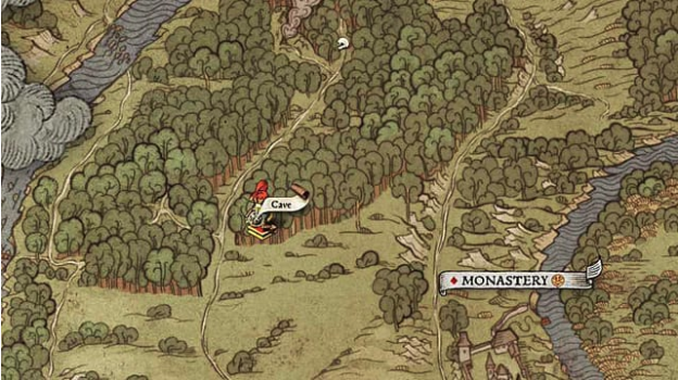 Hand drawn medieval map showing trees, forest, river and cave location for map I