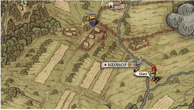 Map XIV shows treasure location at a grave southeast of Neuhof, along the road going through farmland