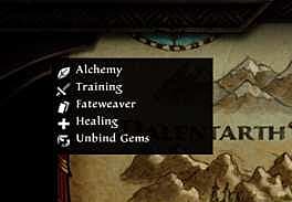 Amalur map legend showing icons for fateweaver, alchemy, training, healing, & unbind gems.