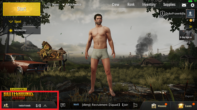 PUBG Mobile homescreen shows gameplay options and man in underwear