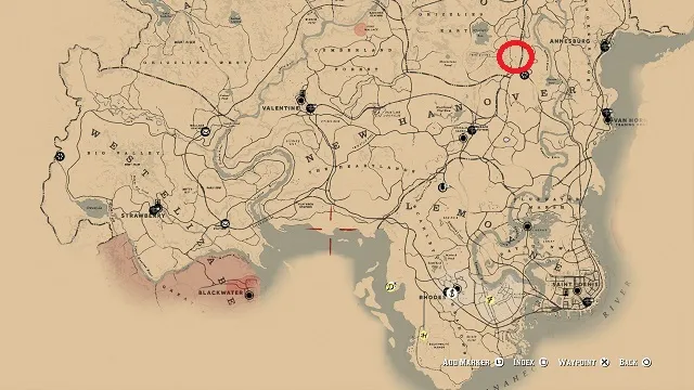 Red Dead Online map showing cabin east of Tall Trees