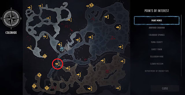 Wasteland 3 map showing the location of the The Red Wire or the Blue skill book in Arapaho Caravan. 