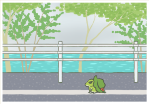 Frog walking on sidewalk by river