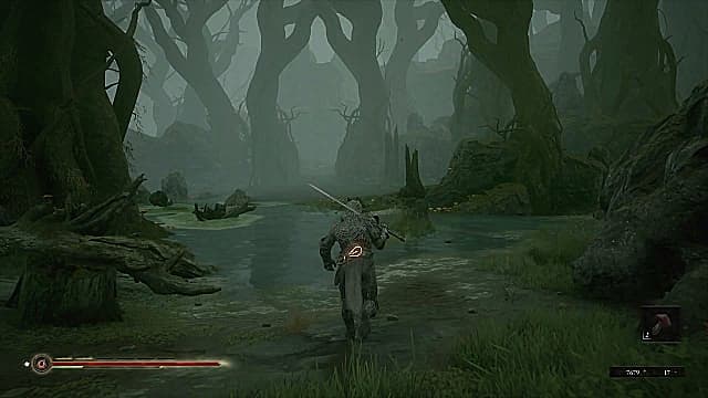 Solomon running into the misty swamp outside of Fallgrim Tower.