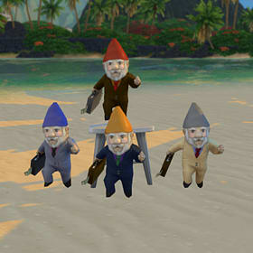 Four gnomes dressed in business suits, one grey, one black, one beige, one brown.