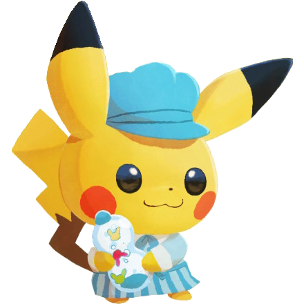 Sweets Pikachu wearing a blue hat and holding sweets.