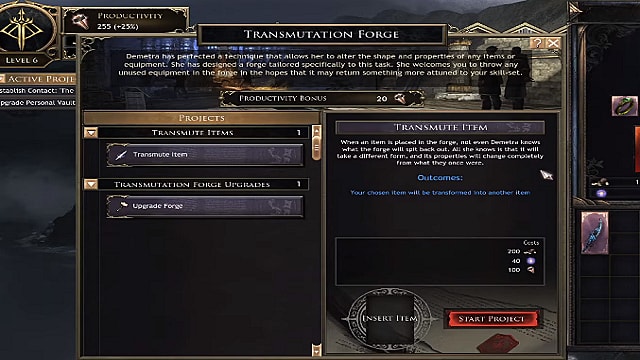 The transmutation forge menu in Wolcen, something you definitely shouldn't use yet. 