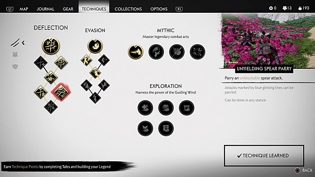 Technique menu showing unyielding spear parry. 