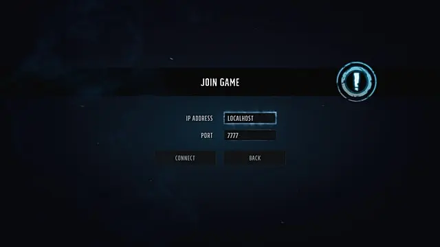 The direct connection lobby, showing fields for IP address and port number, with connection and back buttons.